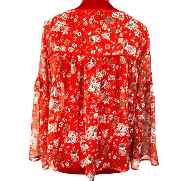 Lucky Brand peasant blouse size M Boho 3/4 sleeve casual orange tan floral sheer - Picture 5 of 8